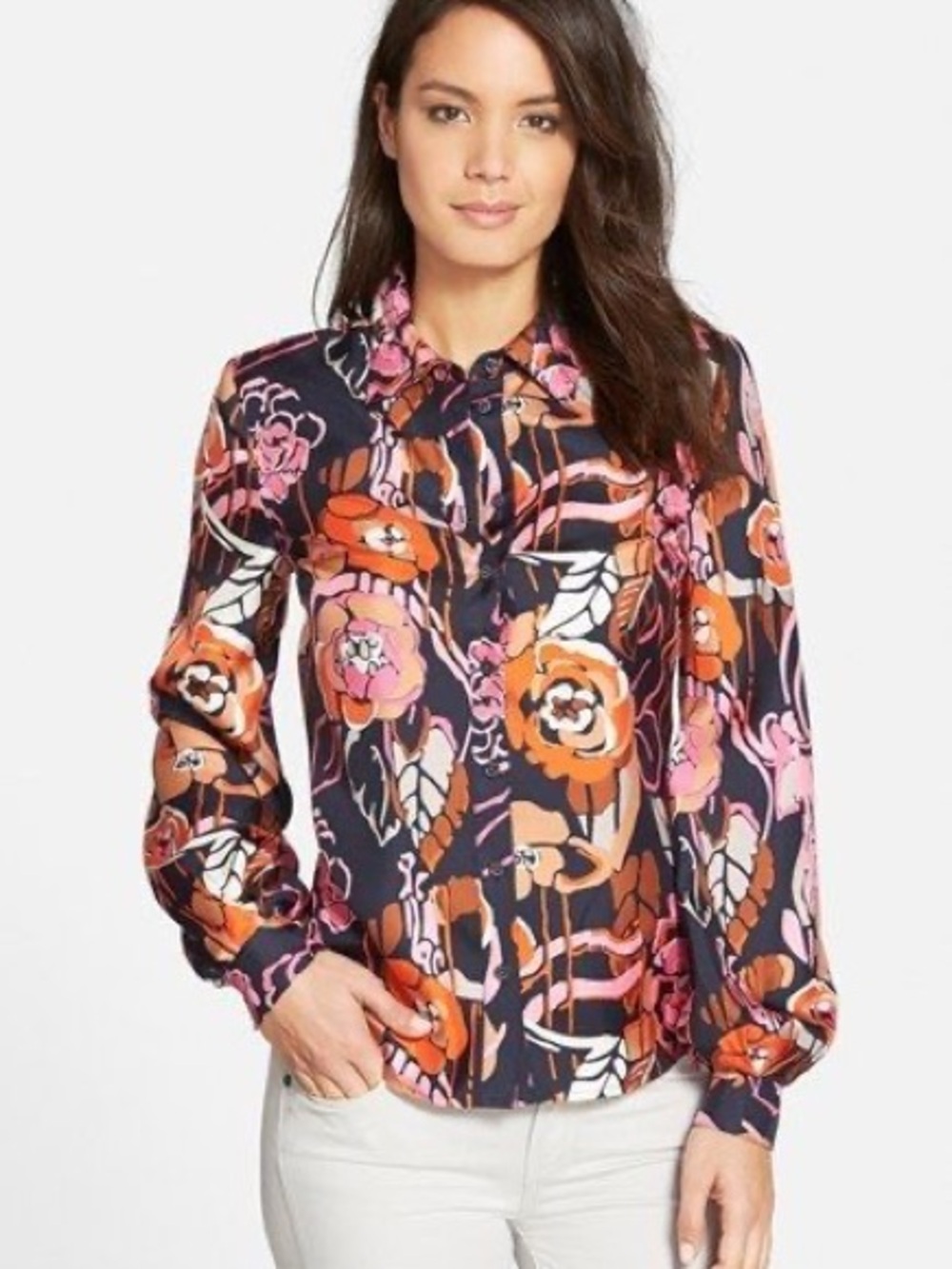 Pink Tartan Camelia Silk Blouse Navy Pink Coral Floral Leaves Size 10 Designer